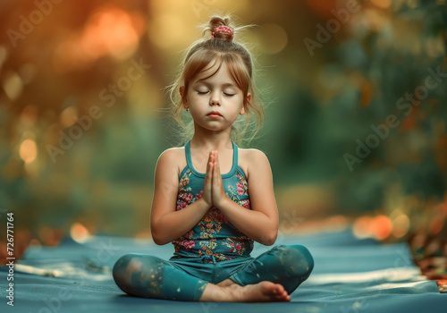 niña pequeña haciendo yoga en la posición de loto, vestida con ropa de deporte, sentada sobre una esterilla verde, sobre fondo desenfocado bokeh photo