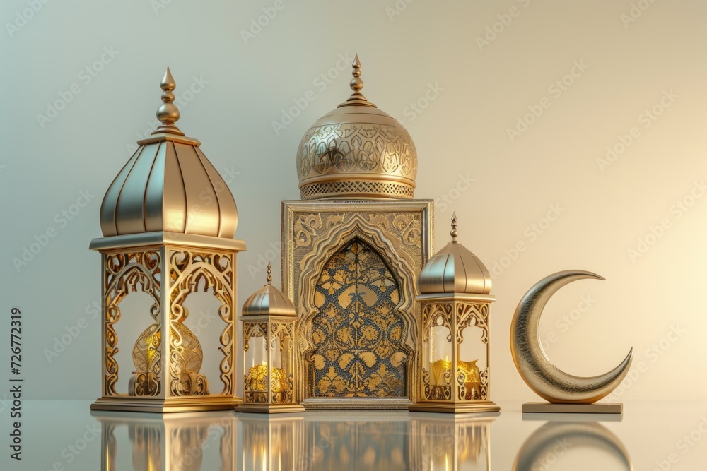 Obraz premium Ornate Islamic lanterns and a crescent moon symbolize spirituality and heritage.