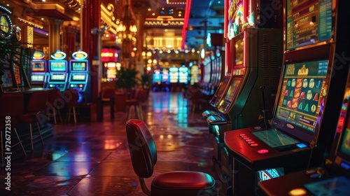 photo of a vintage-style casino with rows of brightly lit slot machines