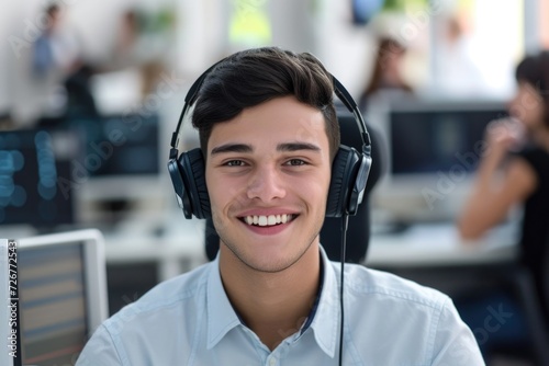 young man wearing headphones with a microphone, suggesting he is a customer service representative.