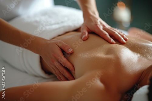 Relaxing back massage  skilled hands on glistening skin.