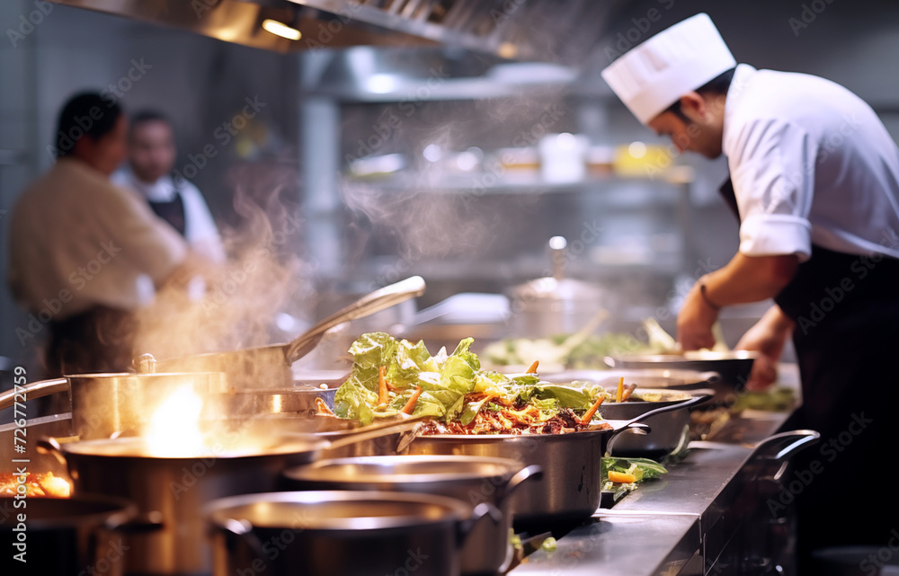 Man chef cook dressed uniform cooking vegetable food open fire using proffessional kitchenware . Process professional chef and fire pan. Culinary industry, restaurant bussines and health food concept.