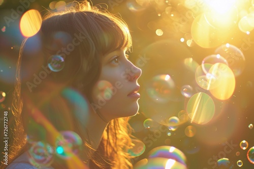 A young woman stands in the glow of sunlight, while vibrant bubbles drift around her, conjuring a dreamy and magical atmosphere
