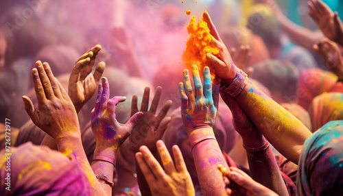 Close-up teenagers' hands painted with various colors hues during lively Holi festival on Indian street. Burst of colors and youthful captured in festive moment. Indian culture and traveling concept.
