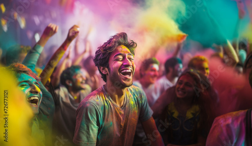 Joyful cheerful laughing man at an Indian street festival embodies spirit of Holi  adorned with vibrant paint surrounded by crowd. His happiness reflects the cultural richness of this celebration.