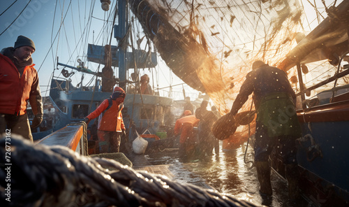 Tired fishermen team working on a trawler boat in the open sea during the evening sunset hours, using wet fishing nets, ropes, and winches. Fishing and angling industry concept image. photo