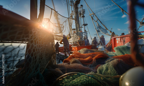 Tired fishermen team working on a trawler boat in the open sea during the evening sunset hours, using wet fishing nets, ropes, and winches. Fishing and angling industry concept image.