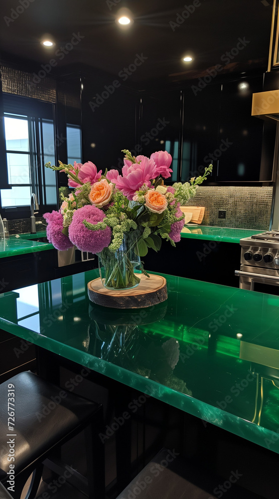 a photo of a luxury all black kitchen with deep matte green emerald ...