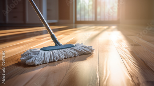 Mop on a clean wooden floor in a room