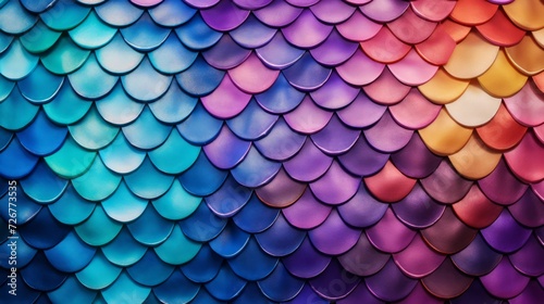 Colorful fish scale textured background in vibrant gradient colors.. Concepts of fantasy textures, iridescence, mermaid tail, rainbow backdrop, vibrant patterns