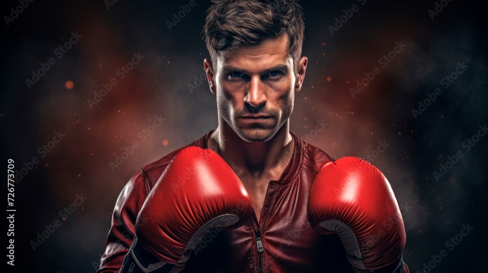 Serious male boxer in a red robe and boxing gloves ready for a match. Concept of strength, determination, and readiness for competition in boxing.