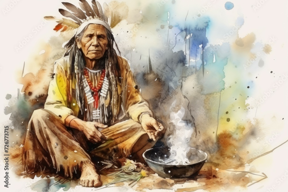 Watercolor art of a Native American shaman with ceremonial headdress by fire under the night sky. Tribal leader. Concept of indigenous culture, traditional ritual, native attire, spiritual ceremony