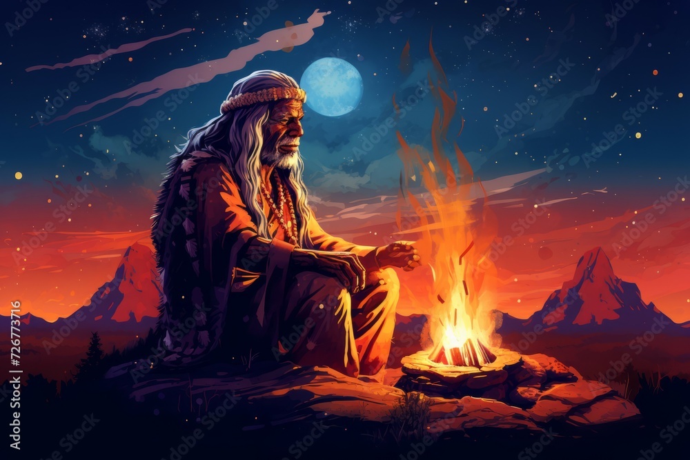 Illustrated Indigenous elder in traditional attire performing ritual by