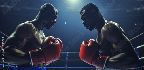 Two African American boxers in a ring. Intense boxing match moment. Concept of athletic competition, the power of sport, and the peak action of boxing. © Jafree