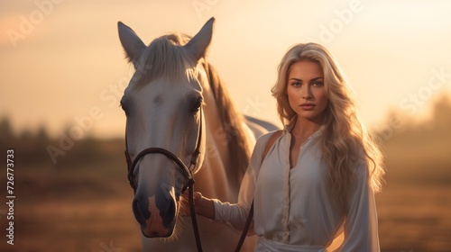 Beautiful woman with a horse at sunset in a field. Concept of animal love, equine therapy, equestrian, companionship, and nature bonding. © Jafree
