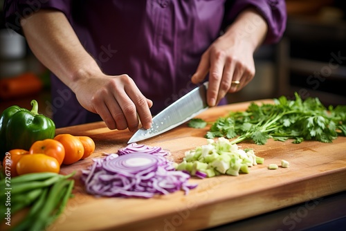 Chef s knife slicing fresh vegetables in well lit studio, creating visually stunning image.
