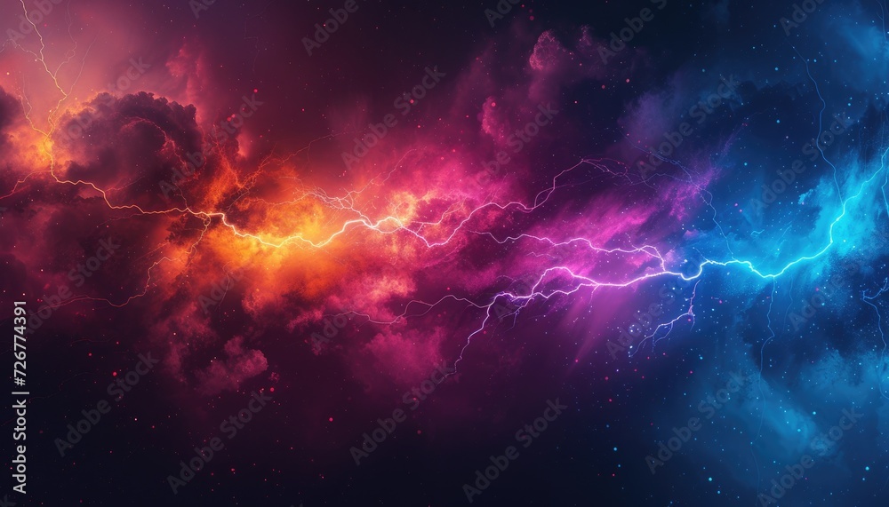 Abstract colourful thunder lightnings against black sky background, storm weather backdrop