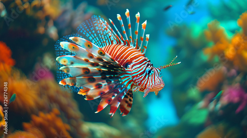 A lionfish swims in a riot of underwater colors, embodying the beauty of marine life. AI Generative.