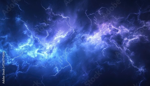 Abstract blue and purple thunder lightnings against black sky background, storm weather backdrop photo
