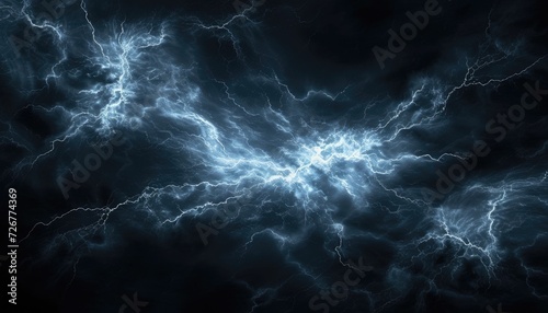 Abstract light blue thunder lightnings against black sky background  storm weather backdrop
