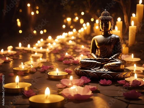 Enlightened Path  A Spiritual Journey with Lord Buddha s Statue Surrounded by Candle-lit Tranquility and Floral Beauty on Vesak Day