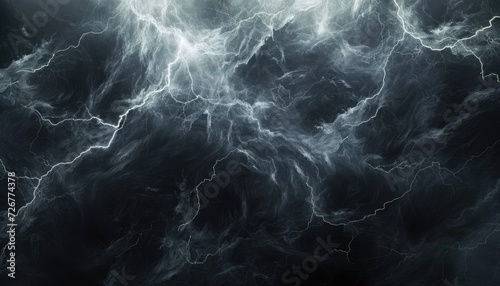 Abstract white and gray thunder lightnings against black sky background, storm weather backdrop
