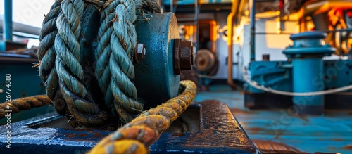 Deck equipment on a commercial ship used for mooring in port: a mechanical device comprising a mooring rope and winch. photo
