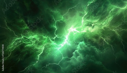 Abstract green thunder lightnings against black sky background, storm weather backdrop