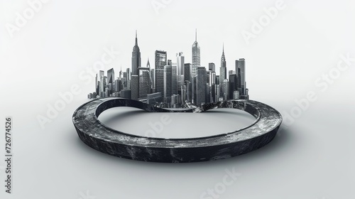 3d illustration of infinity road with skyline. design advertisement isolated. never ending road design advertisement. city skyline with piece of land isolated. bending road on white background.