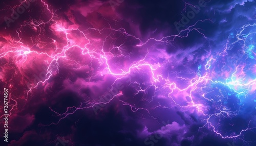 Abstract purple thunder lightnings against black sky background  storm weather backdrop