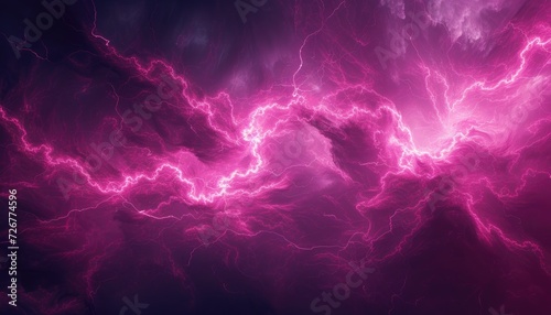 Abstract pink thunder lightnings against black sky background, storm weather backdrop