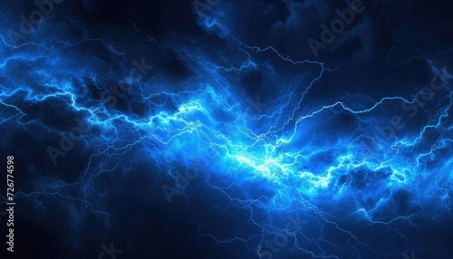 Abstract blue thunder lightnings against black sky background  storm weather backdrop
