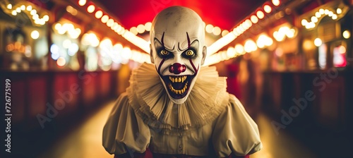 Spooky evil clown face on blurred vintage circus background with copy space for text placement photo