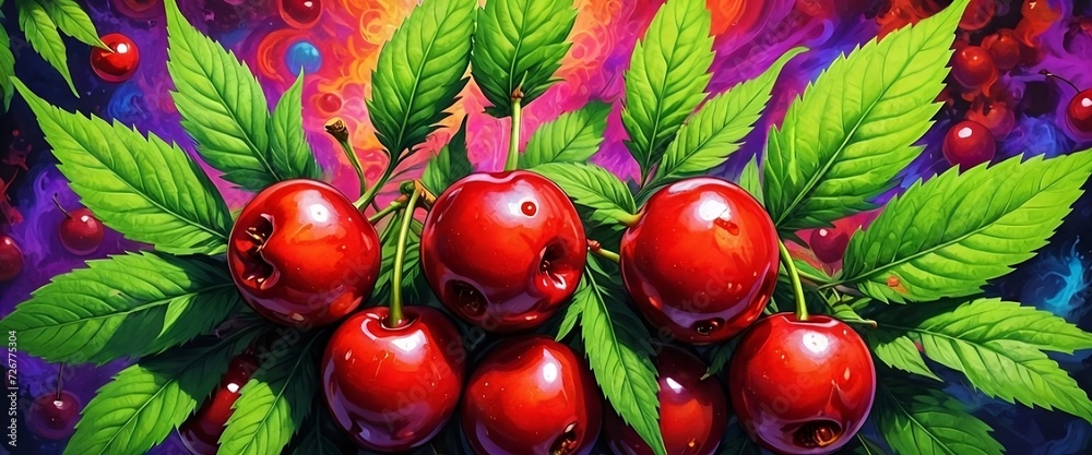 Obraz premium Fruity berry background: red cherries and leaves pattern for various graphics seasonal banner design. Panoramic red cherry sprigs. Generative AI
