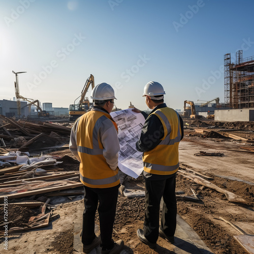 Asia engineer construction standing see plan paper © MALIK