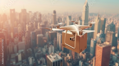 Tela 3d rendering delivery drone flying with cityscape background
