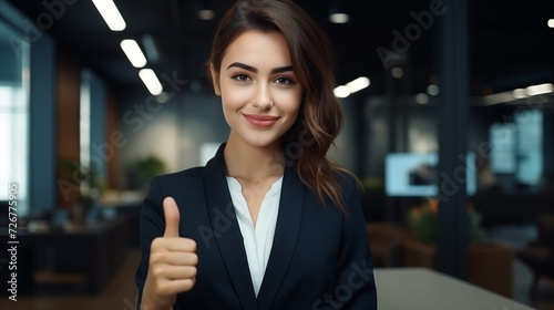 Business woman shows positive gesture class, super thumb up in office.