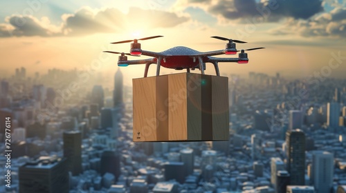 A Drone lifting off the ground carrying a large parcel. Drone delivery service. 3D illustration. 