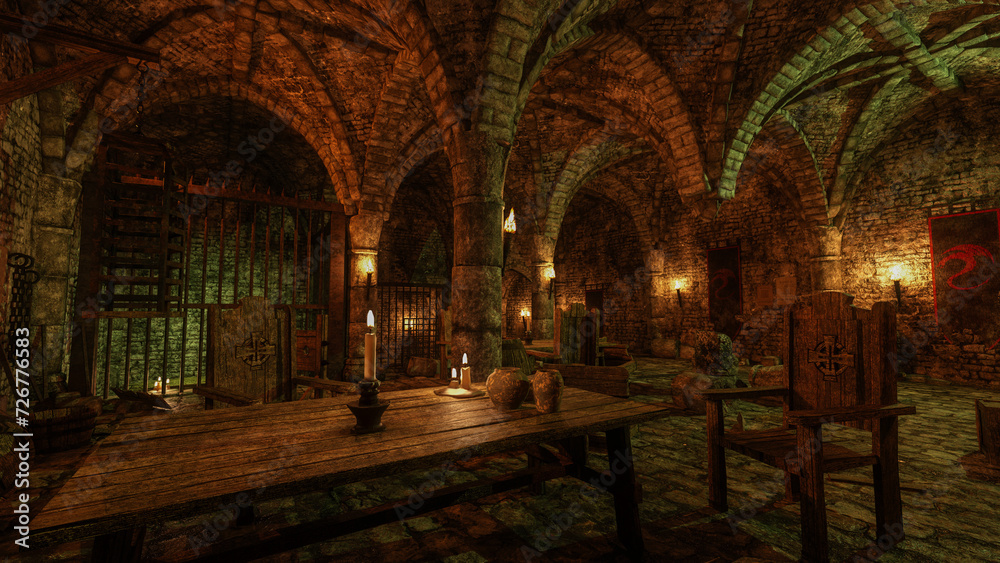 Fototapeta premium Table and chairs in an old medieval dungeon with torture equipment and jail cells in the background. 3D render.