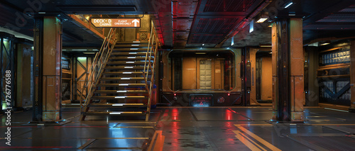 Panoramic 3D illustration of a fantasy spce ship interior with staircase leading to upper deck. photo