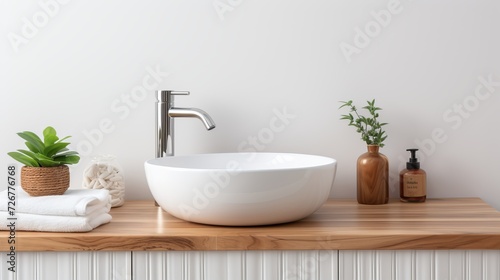 Minimalist bathroom with white square vessel sink and chrome faucet in modern interior design