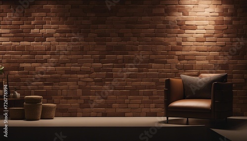 dimly lit cozy room wall of brick cremites and minimalist furniture 

