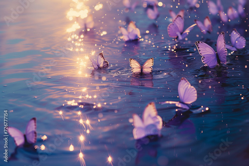Purple butterflies on a lake, reflecting light. AI generated