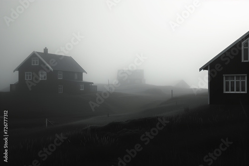 Black and white photography, landscape view of Iceland, void, houses, gloomy, dense fog. AI generated