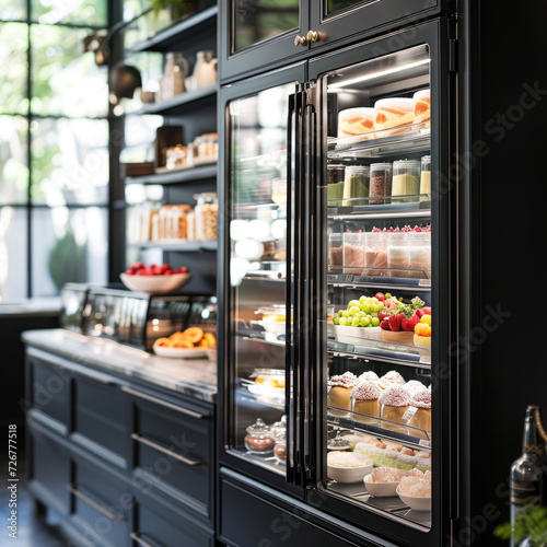 Glass-front Refrigerator Showcasing Desserts in Patisserie