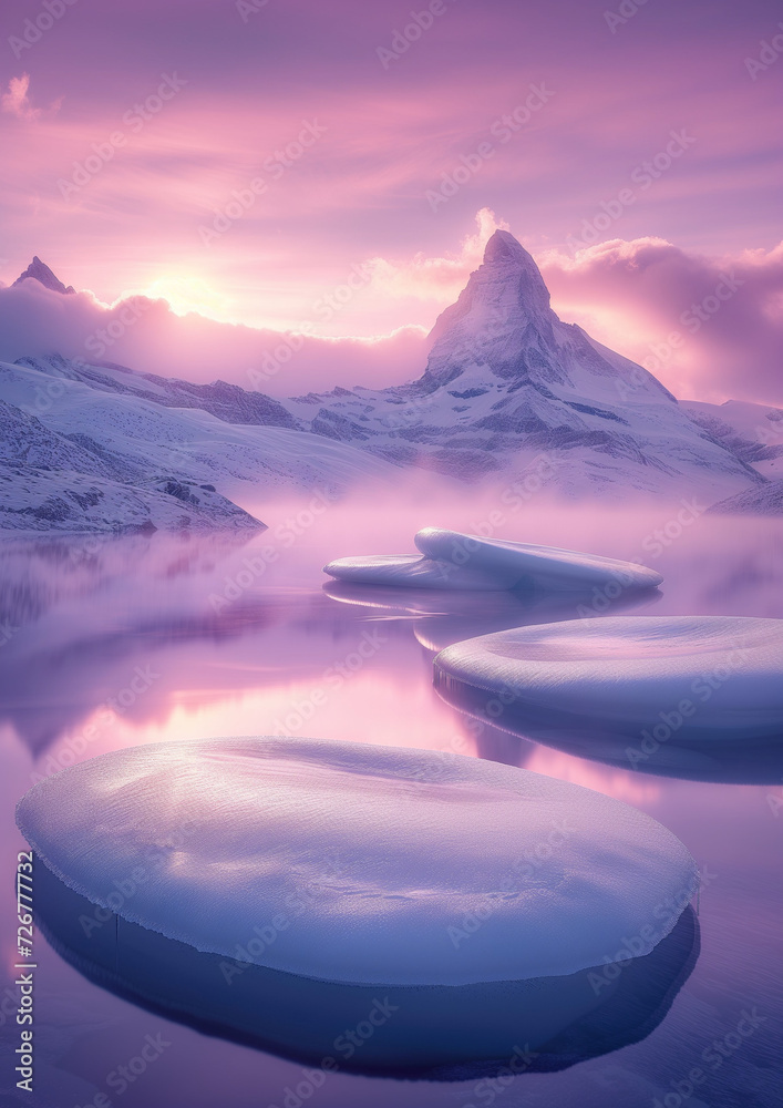 large frozen chunks of icebergs floating in a winter lake In front of