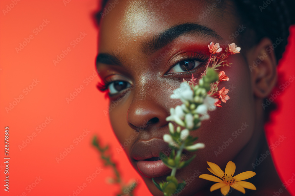 magazine cover , macro photo , a woman with a flowers for eyebrow, solid pastel red color background. AI generated