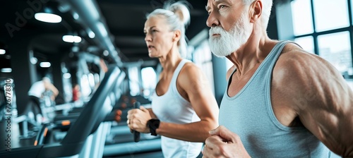 Active senior couple enjoying a healthy workout by running together in a vibrant fitness club