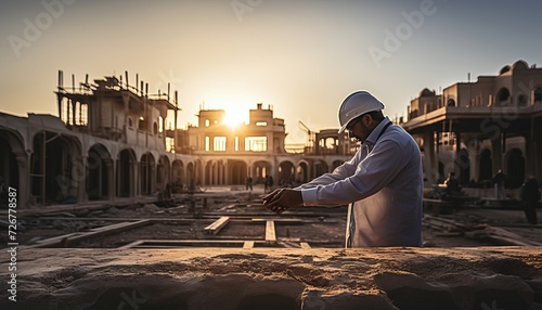 Successful collaboration businessman and engineer shaking hands at construction site background