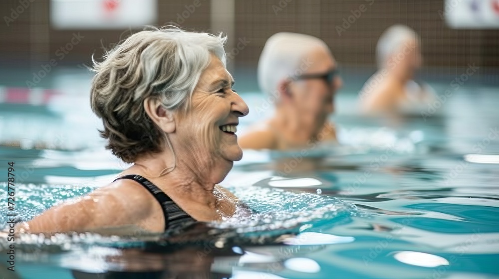 Obraz premium Energetic and joyful water aerobics session with a group of elderly women having fun in the pool